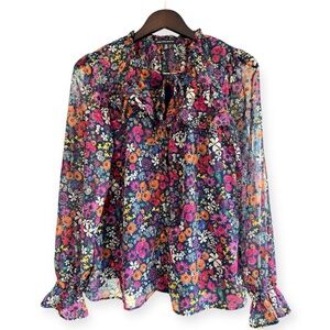Saks Fifth Avenue Vivid Floral Ruffled Tie Front Blouse Top Size Medium M